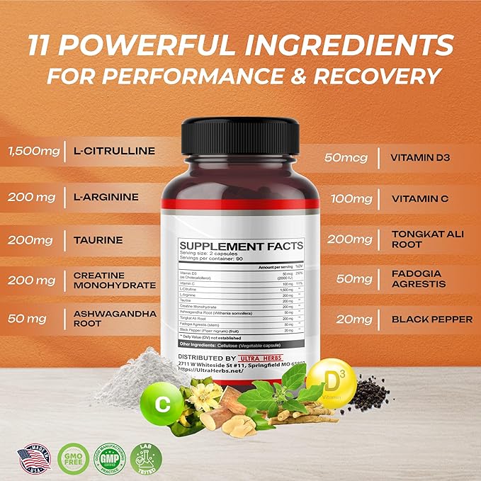 L-Citrulline Supplement Capsules Enriched with L-Arginine, Taurine, Creatine, Tongkat Ali, Fadogia Agrestis | Ultra Nitric Oxide Booster for Muscle Endurance, Stamina & Recovery | 180 Capsules