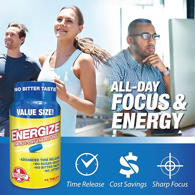 Energize Caffeine Pills, Fast Acting All Day Energy Pills & Natural Nootropics Support Supplement with Time Release Caffeine, Energy Support for Men and Women, No Jitters, No Crash (84 Tablets)