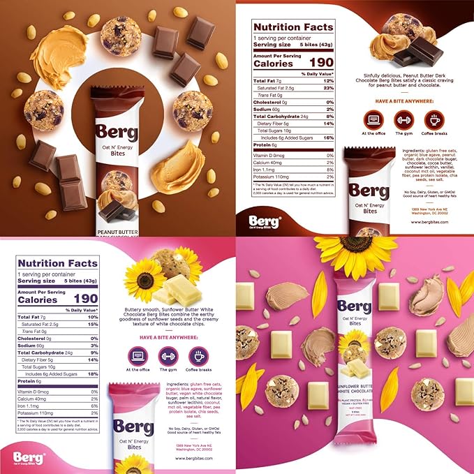 Berg Oat N' Energy Bites - Variety - Non-GMO, Gluten Free, Dairy Free, Soy Free and Vegan - Clean Energy Snack - 1.5oz, (8 Pack)