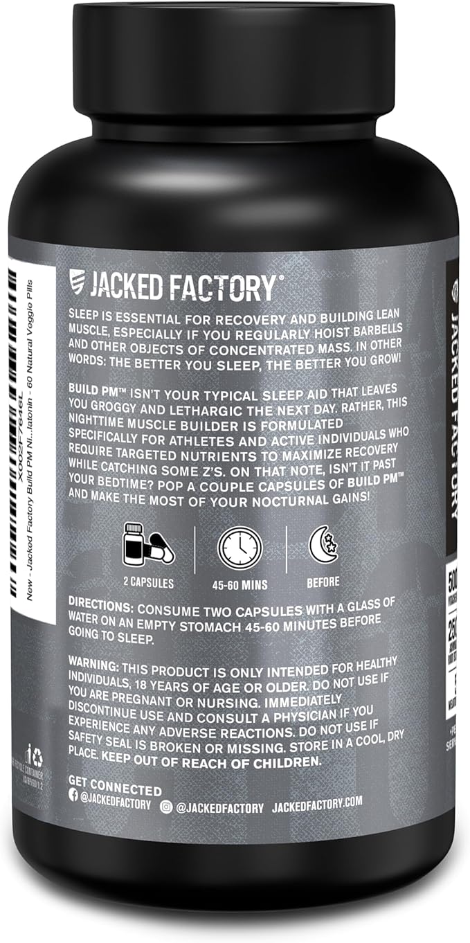 Jacked Factory Build PM Night Time Muscle Builder & Sleep Aid - Post Workout Recovery & Sleep Support Supplement w/VitaCherry Tart Cherry, Ashwagandha, & Melatonin - 60 Natural Veggie Pills
