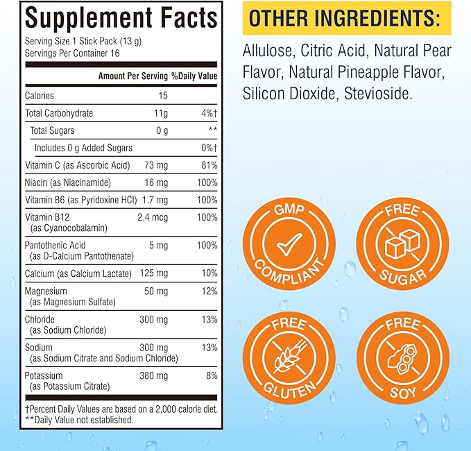 Electrolytes Powder Packets | Magnesium, Potassium, Sodium, Vitamin C | for Rapid Hydration | Zero Sugar & Keto | 16 Stick Packs | Pineapple Pear Flavor