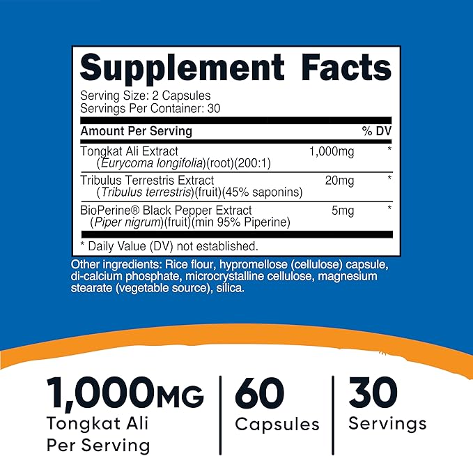 Nutricost Tongkat Ali 1,000mg 60 Capsules - with Tribulus Terrestris and BioPerine, Vegetarian Caps, Non-GMO, Gluten Free, Potent Extract