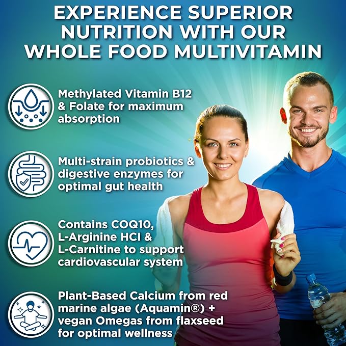 Vegan Whole Food Daily Multivitamin Without Iron, Methylated Multivitamin for Women and Men, Made with Fruits & Vegetables, B-Complex, Probiotics, Enzymes, CoQ10, Omegas, Turmeric, Non-GMO, 180 Count