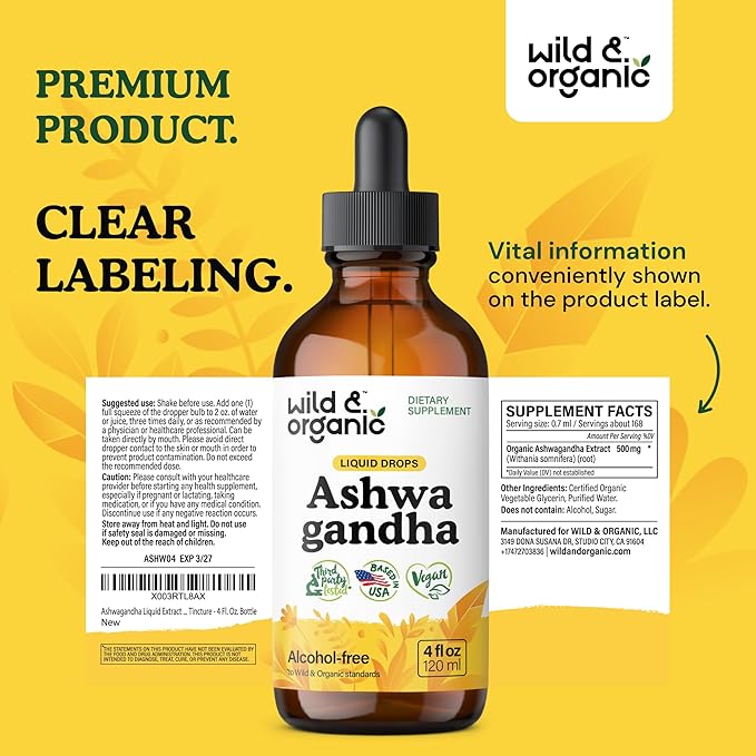 Wild & Organic Ashwagandha Drops - Mood Support Supplement w/Ashwagandha Root Extract - Liquid Drops for Calm Mind - Relaxation Supplements - Sugar & Alcohol-Free - 4 fl oz