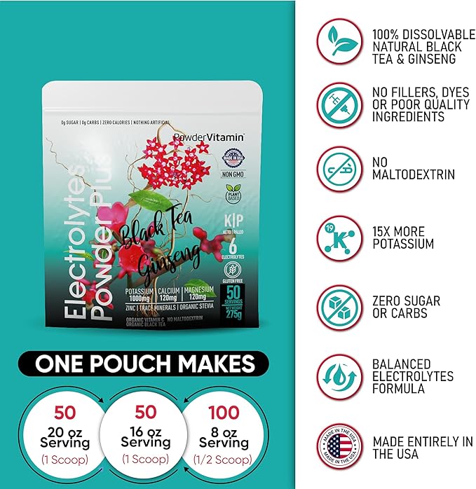 Electrolytes Powder Plus (50 Servings) Black Tea Ginseng Electrolyte Powder Keto, Sugar Free, Pink Himalayan Salt,1000mg Potassium,120mg Calcium,120mg Magnesium, Hydration Powder