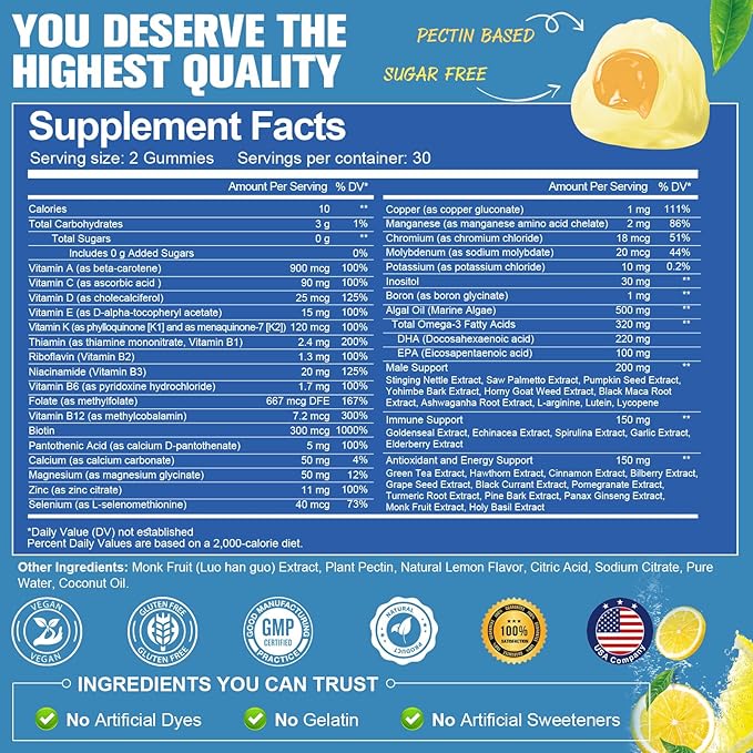 Sugar Free Men's Multivitamin Gummies w/Vegan Omega 3, Maca, Saw Palmetto, Vitamin A, B, C, E, D3, K, Zinc, Daily Methylated Multivitamins for Men, for Immunity, Energy, Lemon Flavor, 60 Counts