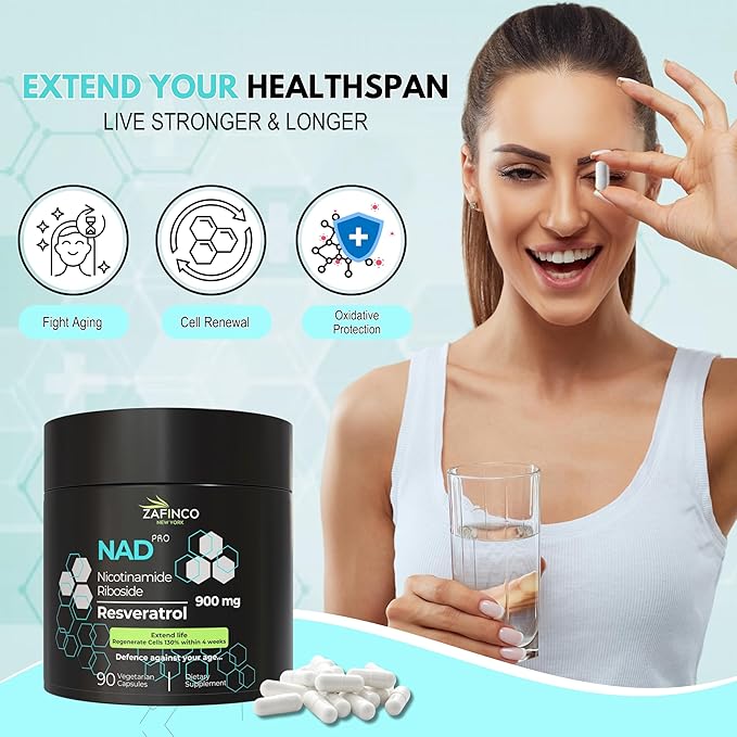 NAD Super Supplement-900 mg Extra Strength NAD Nicotinamide Resveratrol+ Bio-Quercetin Supports Anti-Aging, Energy, Focus,Cellular Health & Brain-90 Vegetarian Capsules for Men & Women