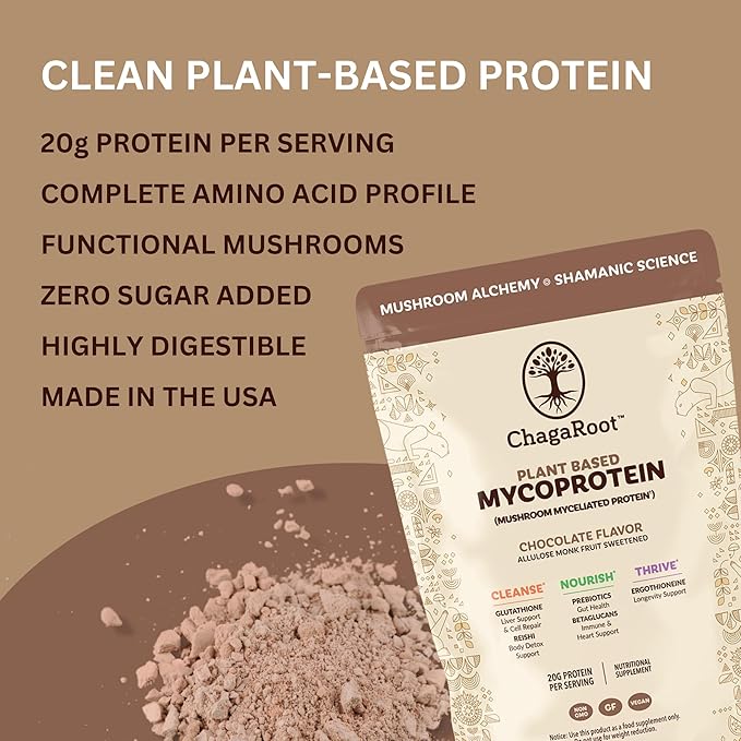 Mycoprotein Mushroom Protein Powder - Vegan Protein, Plant Based, Superfood, Master Blend of Chaga, Reishi, Turkey Tail, Shiitake, Lions Mane - Chocolate (1.76 lb)