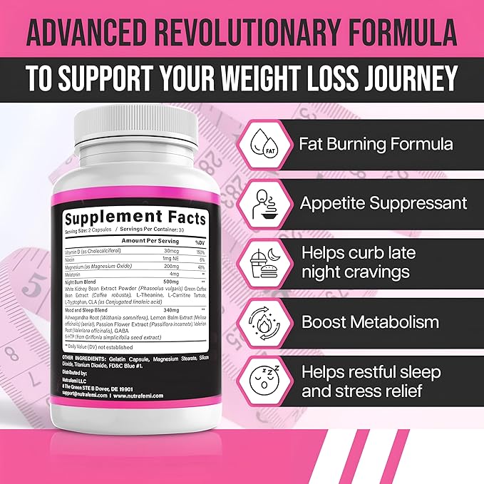 Fat Burner for Women | Weight Loss - Night Time Fat Burner with Carb Blocker & Appetite Suppressant | Less Craving | Belly Fat Burner & Thermogenic Metabolism Booster Made in USA | Third Party Tested
