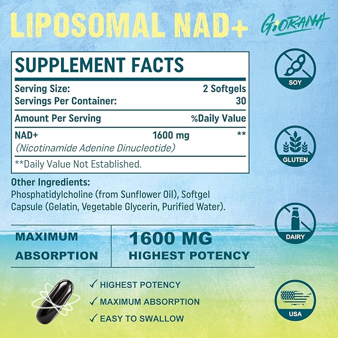 1600 MG Liposomal NAD+ Supplement, NAD+ Boosting Supplement,Similar to Nicotinamide Riboside,Superior Absorption,Vitamin B3 for Aging Defense,Longevity,Energy,Repair,60 Softgels
