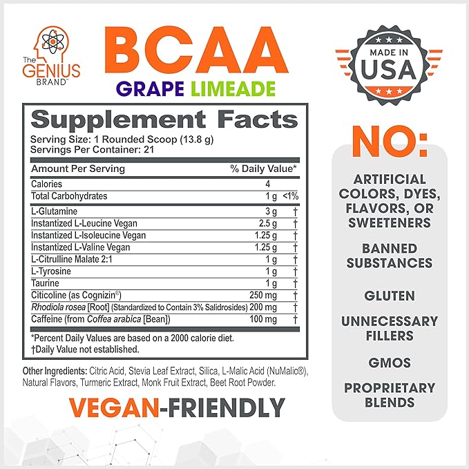 Genius BCAA Powder - 5g Vegan BCAAs L-Glutamine, Cognizin & Rhodiola Muscle Recovery Energy Support 100mg Caffeine Pre, Intra, Post-Workout Nootropic Supplement for Focus & Performance - Grape Limeade