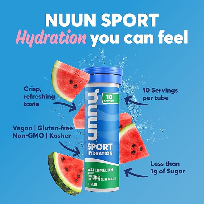 Nuun Sport Electrolyte Tablets with Magnesium, Calcium, Potassium, Chloride & Sodium, Gluten Free & Vegan, Watermelon, 4 Pack (40 Servings Total)
