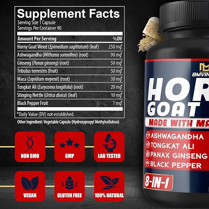 BMVINVOL Horny Goat Weed for Men - Extra Strength Supplement with Maca, Ginseng, Tribulus Terrestris, Ashwagandha - 90 Capsules