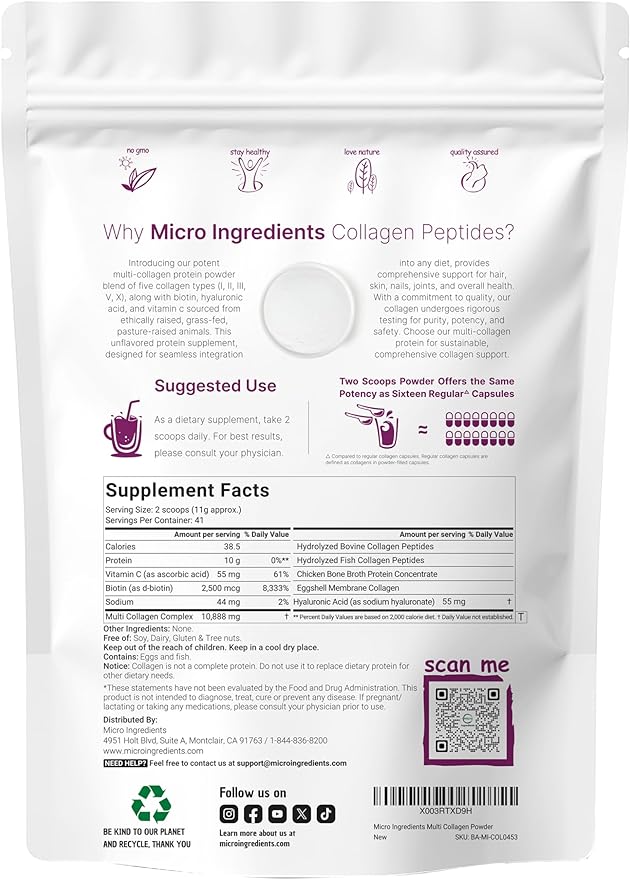 Micro Ingredients Multi Collagen Protein Powder 16oz & Omega-3 Fish Oil 4,200 mg Softgels Bundle 2 Pack | Grass-Fed Collagen Peptides | Wild-Caught Fish, Lemon Flavored, Burpless