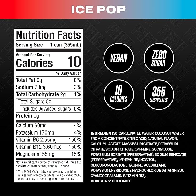 PRIME Energy ICE POP | Zero Sugar Energy Drink | Preworkout Energy | 200mg Caffeine with 355mg of Electrolytes and Coconut Water for Hydration| Vegan | Gluten Free |12 Fluid Ounce | 12 Pack