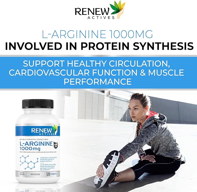 Renew Actives L-Arginine Supplement 1000MG for Serving - Strength & Endurance, Essential for Protein Synthesis & Muscle Function, Physical Performance Booster - Made in Canada - 120 Tablets
