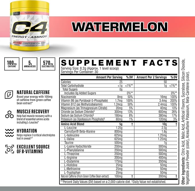 Cellucor C4 Energy + Aminos Powder | 5g BCAAs & EAAs for Muscle Recovery, 3 Electrolytes for Hydration, 100mg Natural Caffeine | Pre Workout | Zero Sugar, 30 Servings, Watermelon