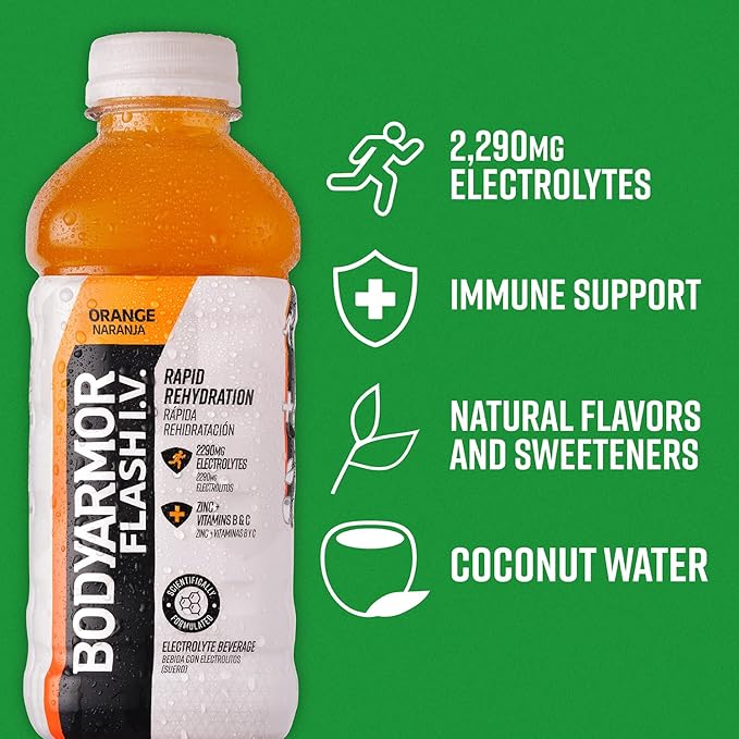 BODYARMOR Flash I.V. Electrolyte Beverage, Orange, Hydration Drink with Coconut Water For Rapid Rehydration, Post Workout Recovery, 20 Fl Oz (Pack of 12)