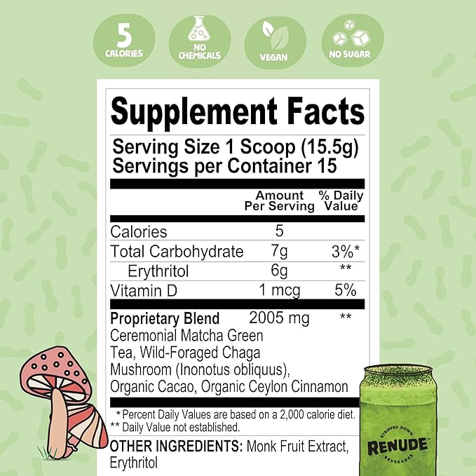 Renude Chaga Matcha and Chagaccino - Chaga Mushroom Powder for Coffee and Matcha, Mushroom Drink Mix with Adaptogens, Natural Energy and Immune Support, Vegan, Keto - 15 Servings Each