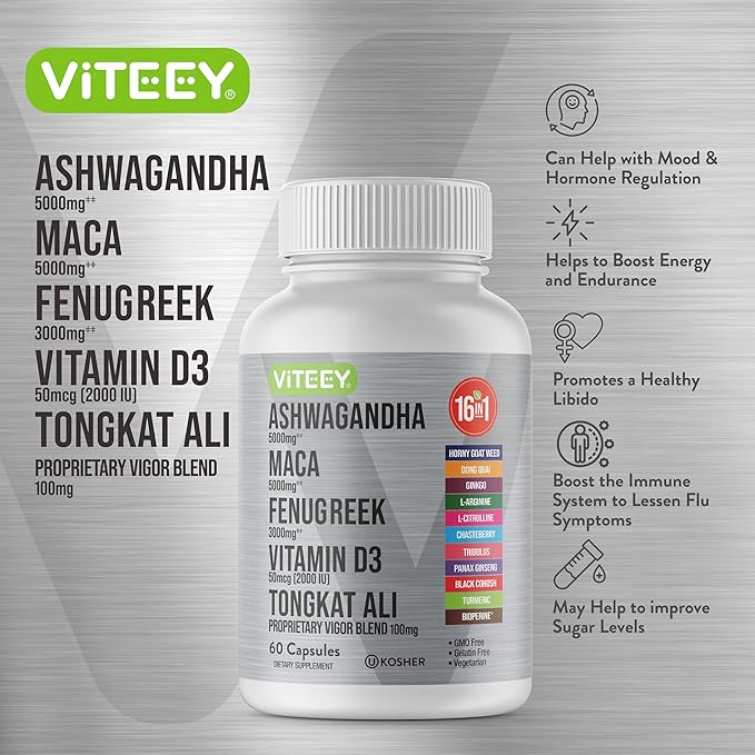 Viteey Ashwagandha 5000mg, Black Maca Root 5000mg, Fenugreek 3000mg, Vitamin D3 2,000 IU with Tongkat Ali & Proprietary Vigor Blend 100mg - Calm, Relax, Mood Support for Women & Men - 60 Capsules