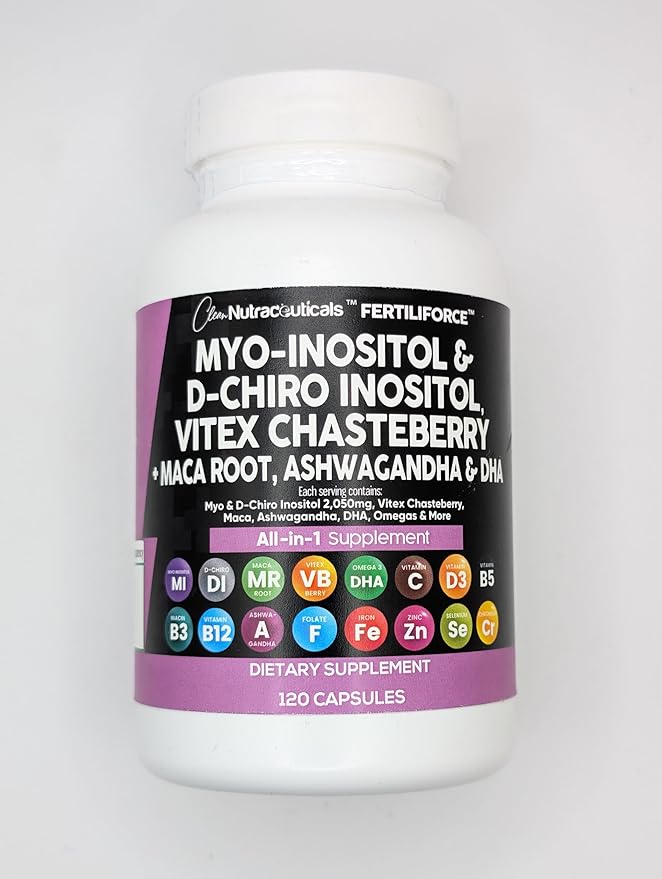 Clean Nutraceuticals Myo-Inositol & D-Chiro Inositol 2050mg Fertility Supplement 40:1 Ratio - Prenatal Vitamins for Women with Ashwagandha Maca Root Vitex Chasteberry Iron DHA Folic Acid DIM Zinc (1)