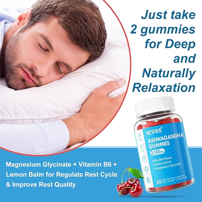 Sugar Free Ashwagandha Gummies - with Magnesium Glycinate, Rhodiola Rosea, Zinc, Lemon Balm, B6 - Relaxation Support, Natural Zzz, Stamina, Energy for Men Women - 60 Counts
