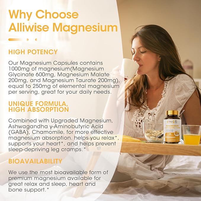 Magnesium Supplement + Ashwagandha & GABA, Magneium Glycinate, Taurate, Malate Complex for Clam Sleep, Muscles Recovery, Nerves, & Energy Support, High Absorption Vegan, Non-GMO - 120 ct