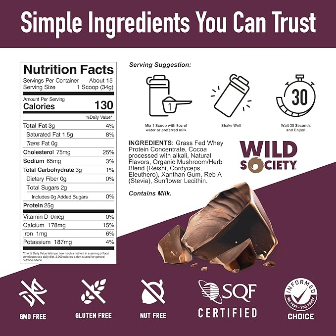 WILD SOCIETY - Premium 100% Grass Fed Whey Protein Powder + Superfood Mushrooms & Adaptogens - 25g Protein, Clean Protein Powder, 0 Added Sugar, Non GMO, Gluten Free - Dutch Chocolate - 17.9 oz