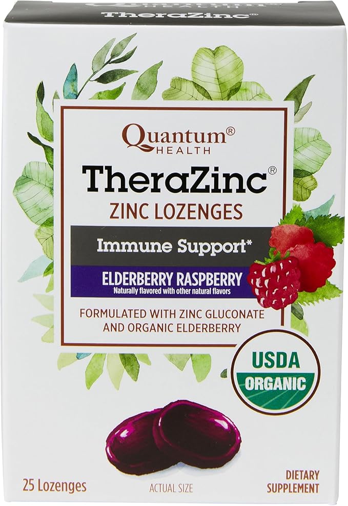 Quantum Health TheraZinc Organic Zinc Lozenges Elderberry Sambucus Raspberry & Honey Immune Support for Adults & Kids 12+ Naturally Flavored Fast Relief with No Aftertaste - 25 Count