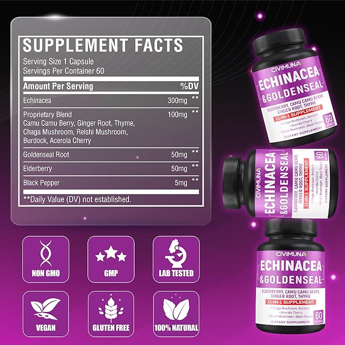 Echinacea Capsules with Echinacea, Goldenseal Root, Elderberry - 120 Capsules for 4 Months Supply (Pack of 2)