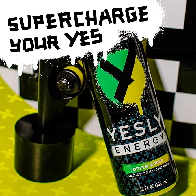 Yesly Energy Drink, Green Apple, Naturally Flavored Sparkling Energy Water With Electrolytes, Magnesium, Potassium, Vitamin C, B6 & B12, Natural Caffeine From Green Tea, 12 Fl Oz Cans, 12 Pack