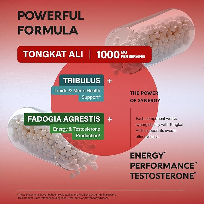 Tongkat Ali Men 1350mg Complex - Fadogia Agrestis | Tribulus Terrestris - Energy, Strength & Performance Support - Extra Strength 200:1 Extract - 3rd Party Tested, Made in USA - 120 Capsules / 2 Month