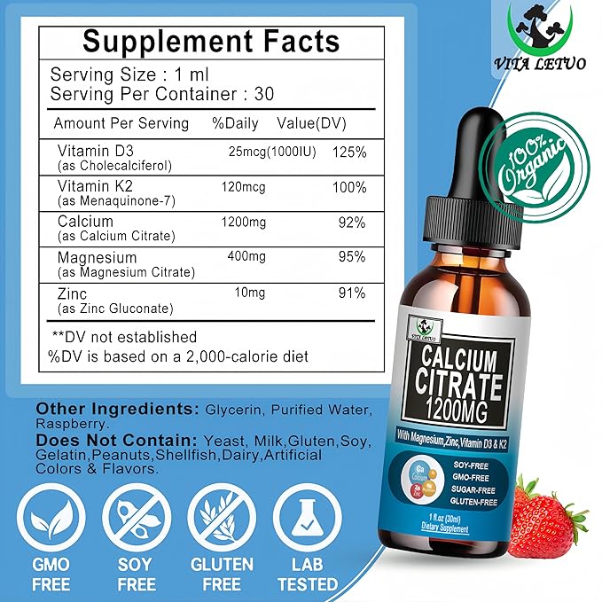 (2 Pack) Calcium Supplements for Women,Calcium 1200mg with Vitamin D3 Drops for Bone,Teeth,Colon,Cardiovascular Health,High Absorption Liquid Calcium Citrate Magnesium Plus Zinc Vitamin K2,Vegan