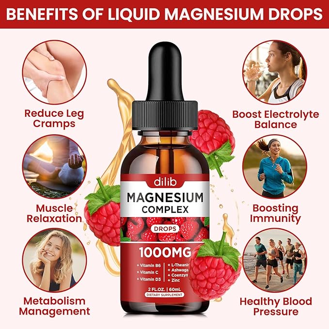 Triple Magnesium Complex Supplement, Magnesium Glycinate, Citrate Liquid Drops 1000mg with Ashwagandha, CoQ10, Vitamin B6, C, D, Zinc - Vegan Raspberry Flavor
