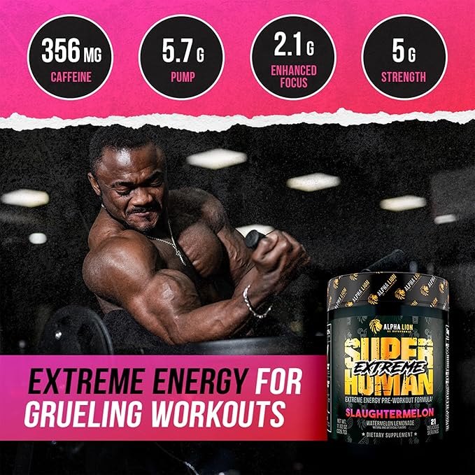 ALPHA LION Superhuman Extreme, Extreme Energy Pre-Workout Formula, Intense, Sustained Energy and Focus, Elevated Nitric Oxide, Maximum Pumps & Nutrient Delivery (21 Servings, Slaughtermelon)