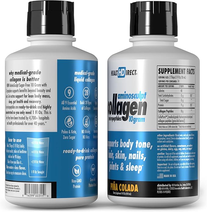 HEALTH DIRECT – AminoSculpt Liquid Collagen Micropeptides – 14 FL Oz – 14 Servings – 10 Grams of Premium Medical-Grade Liquid Collagen for Women – Piña Colada