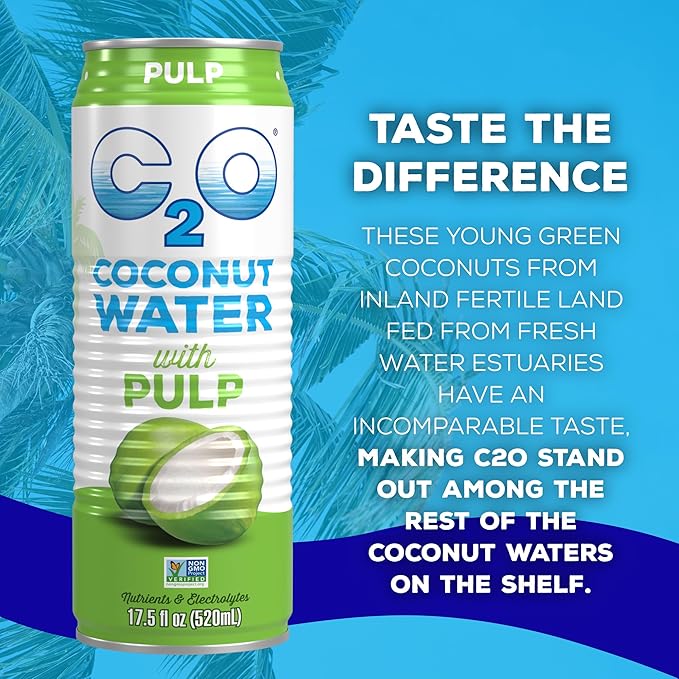 C2O - Coconut Water with Pulp (12 Pack) - Made with Fresh Coconut Water - Plant Based - Non GMO - Canned Water - Natural Hydration, Essential Electrolytes, & Potassium - 12 Cans, 17.5 FL OZ