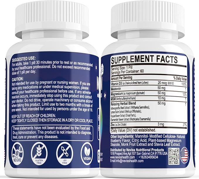 Melatonin 50 mg for Adults - Extra Strength 9-IN-1 Fast Dissolve Sublingual - w/ Vitamin D3 & MSM, Relaxing Herbal Blend-Ashwagandha, Lemon Balm, Passionflower,Chamomile,Sugar Free, Vegan 120 Servings