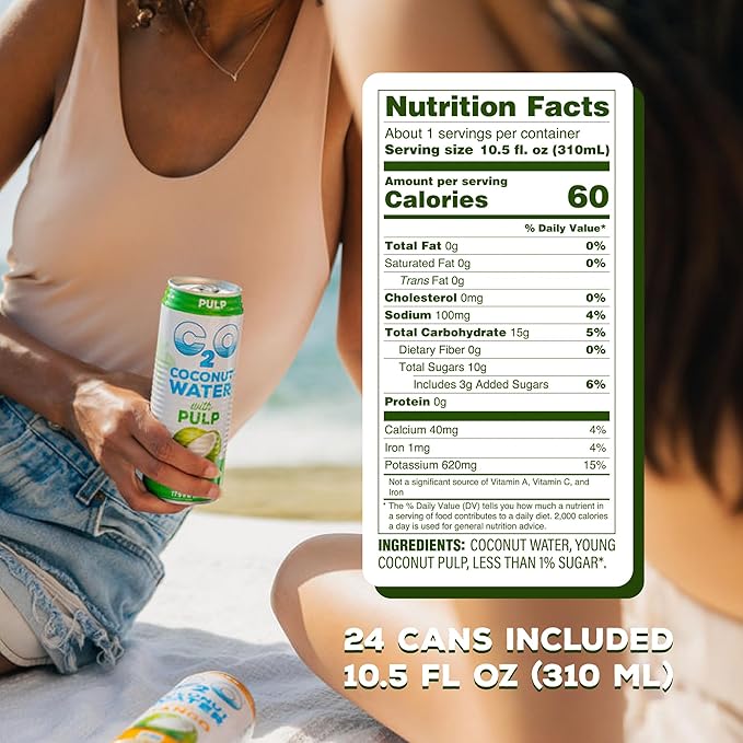 C2O - Coconut Water with Pulp (24 Pack, 3 Boxes of 8) - Made with Fresh Coconut Water - Plant Based, Non GMO Canned Water - Natural Hydration, Essential Electrolytes, & Potassium - 24 Cans, 10.5 FL OZ