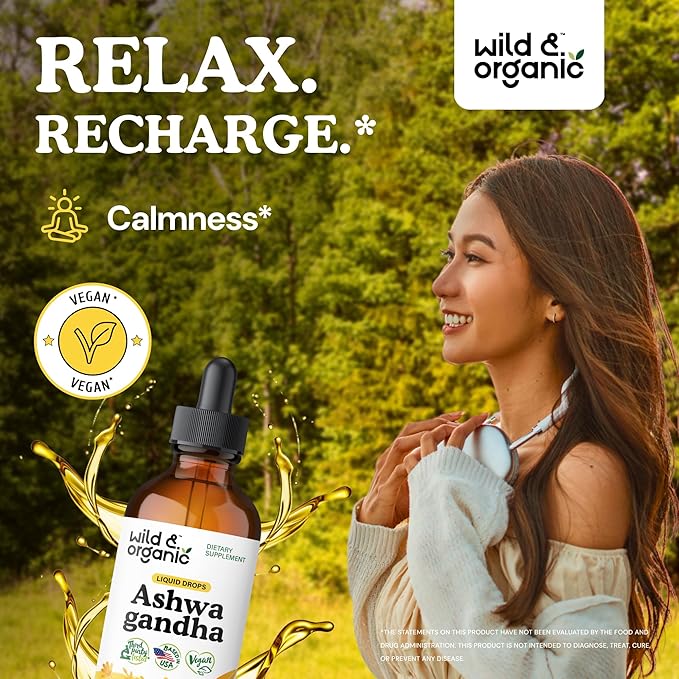 Wild & Organic Ashwagandha Drops - Mood Support Supplement w/Ashwagandha Root Extract - Liquid Drops for Calm Mind - Relaxation Supplements - Sugar & Alcohol-Free - 4 fl oz