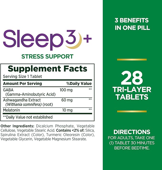 Stress Support Melatonin by Nature's Bounty, Sleep3 Maximum Strength 100% Drug Free Sleep Aid, Dietary Supplement with Ashwagandha, Time Release Technology, 10mg, 28 Tri-Layered Tablets