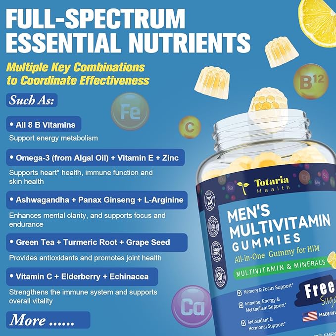 Sugar Free Men's Multivitamin Gummies w/Vegan Omega 3, Maca, Saw Palmetto, Vitamin A, B, C, E, D3, K, Zinc, Daily Methylated Multivitamins for Men, for Immunity, Energy, Lemon Flavor, 60 Counts