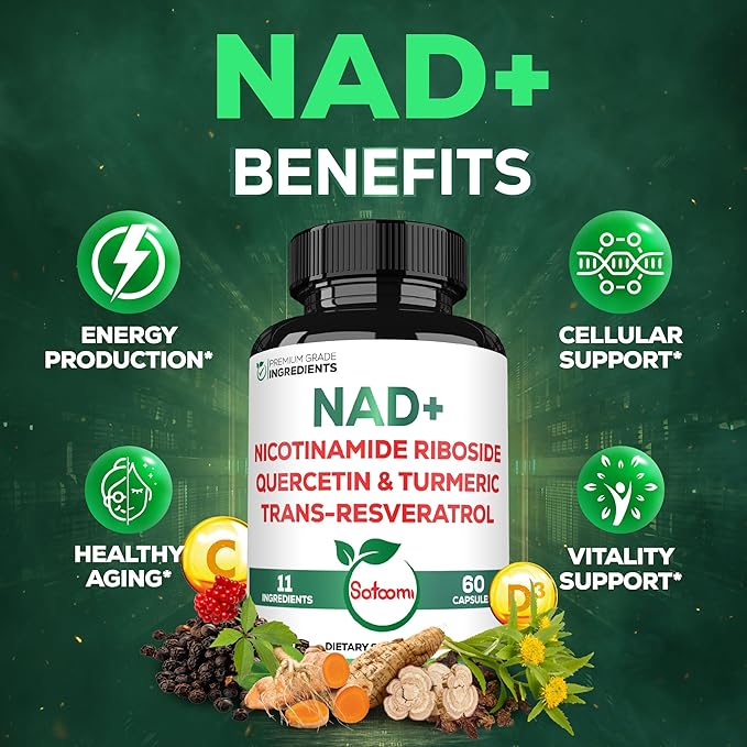 Satoomi NAD+ Supplement with Nicotinamide Riboside 900mg NR, Resveratrol, Quercetin, Turmeric, Astragalus, Ginseng, Vitamin D3, Vitamin C - 60 Count
