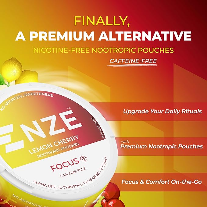 NZE Caffeine Free Nootropic Pouches (Lemon Cherry) - Nootropic Pouches with Alpha GPC, L-Tyrosine & L-Theanine - No Sugar or Artificial Sweeteners - 15 Nicotine Free Pouches Per Can - 5 Pack