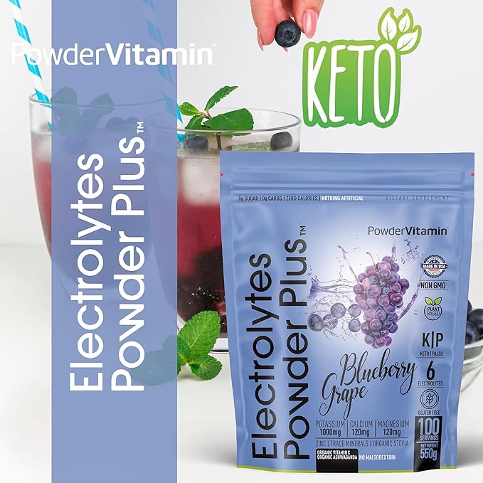 Electrolytes Powder Plus (100 Servings) Blueberry Grape Electrolyte Powder Sugar Free, Keto, 0 Sugar, No Maltodextrin, 1000mg Potassium, 120mg Calcium, 120mg Magnesium, Hydration Powder
