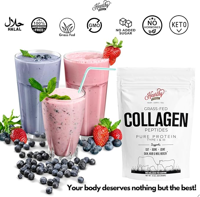 Collagen Powder - 18g Protein - Pure Halal Collagen Peptides Grass Fed Organic Hydrolyzed Powder | Type I and III Unflavoured Keto Friendly Gluten Free No Sugar Non GMO 16 Oz