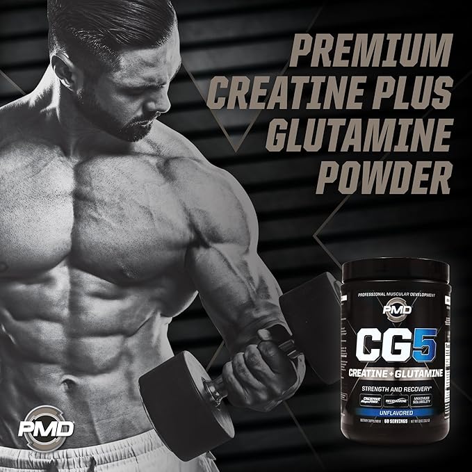PMD Sports CG5 Premium Creatine & L Glutamine Powder, Power Recovery, Build Lean Muscle, Increase Workout Performance, Maximum Strength Pre Workout & Post Workout, Unflavored, 60 Servings