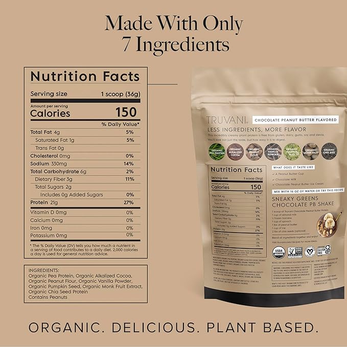 Truvani Vegan Pea Protein Powder | Chocolate Peanut Butter | 20g Organic Plant Based Protein | 10 Servings | Keto | Gluten & Dairy Free | Low Carb | No Added Sugar