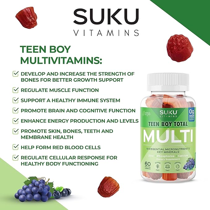 SUKU Teen Boy Multivitamin Gummies – Vitamins A, B12, C, D3, E, Zinc & Biotin – Sugar-Free Vegetarian Supplement for Energy, Growth, Immune & Bone Health – Grape Flavor – 60 Count