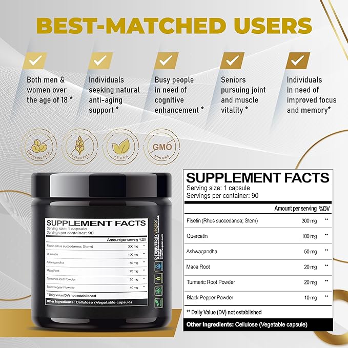 Fisetin High Purity 98%% **USA Made and Tested** (Similar to Apigenin Luteolin Quercetin) with Quercetin Ashwagandha Maca Root Turmeric - Promote Healthy Aging, Energy, Immune Support
